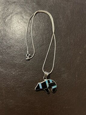 Sterling Silver Native Bear Pendant Necklace with Black and Opal Inlay